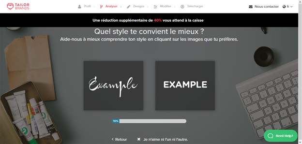 interface du logiciel en ligne tailor brands