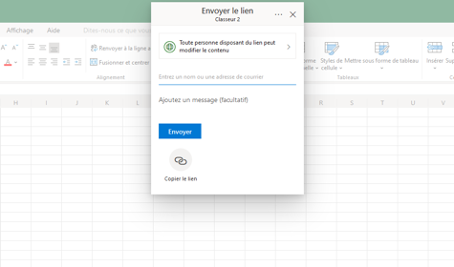 Paramètres de partage d'un document Excel Online