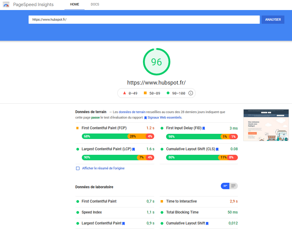 pagespeed insights pour le site de HubSpot