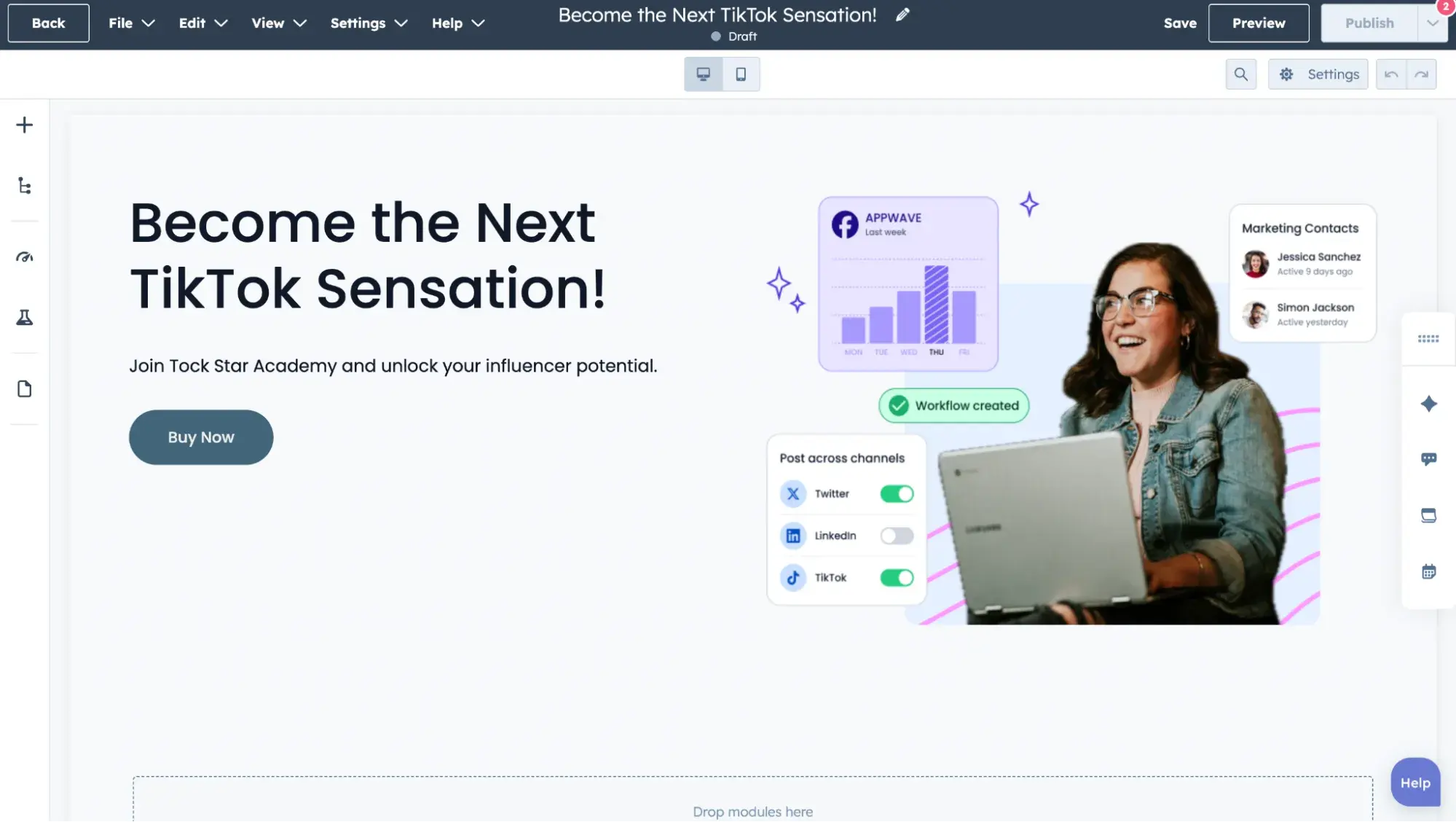 contenu généré par ia sur une landing page depuis l outil de création de campagnes hubspot