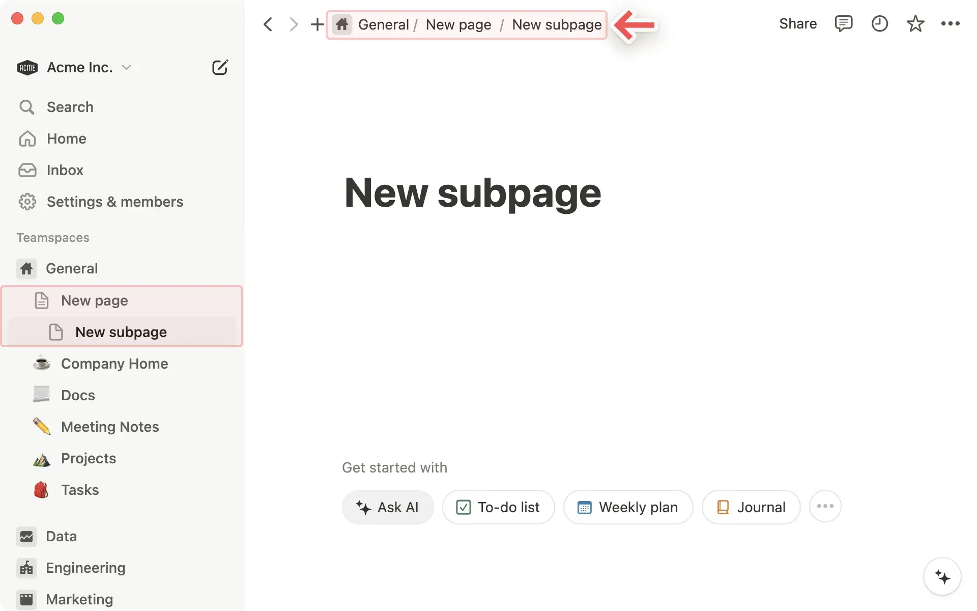 capture d'écran d'un espace de travail Notion, illustrant l'approche de Notion au loop marketing
