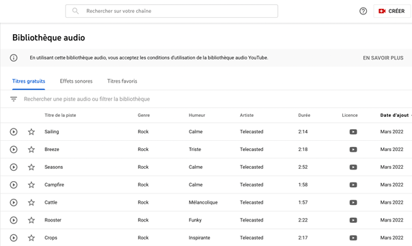 Bibliothèque audio YouTube pour des musiques libres de droits