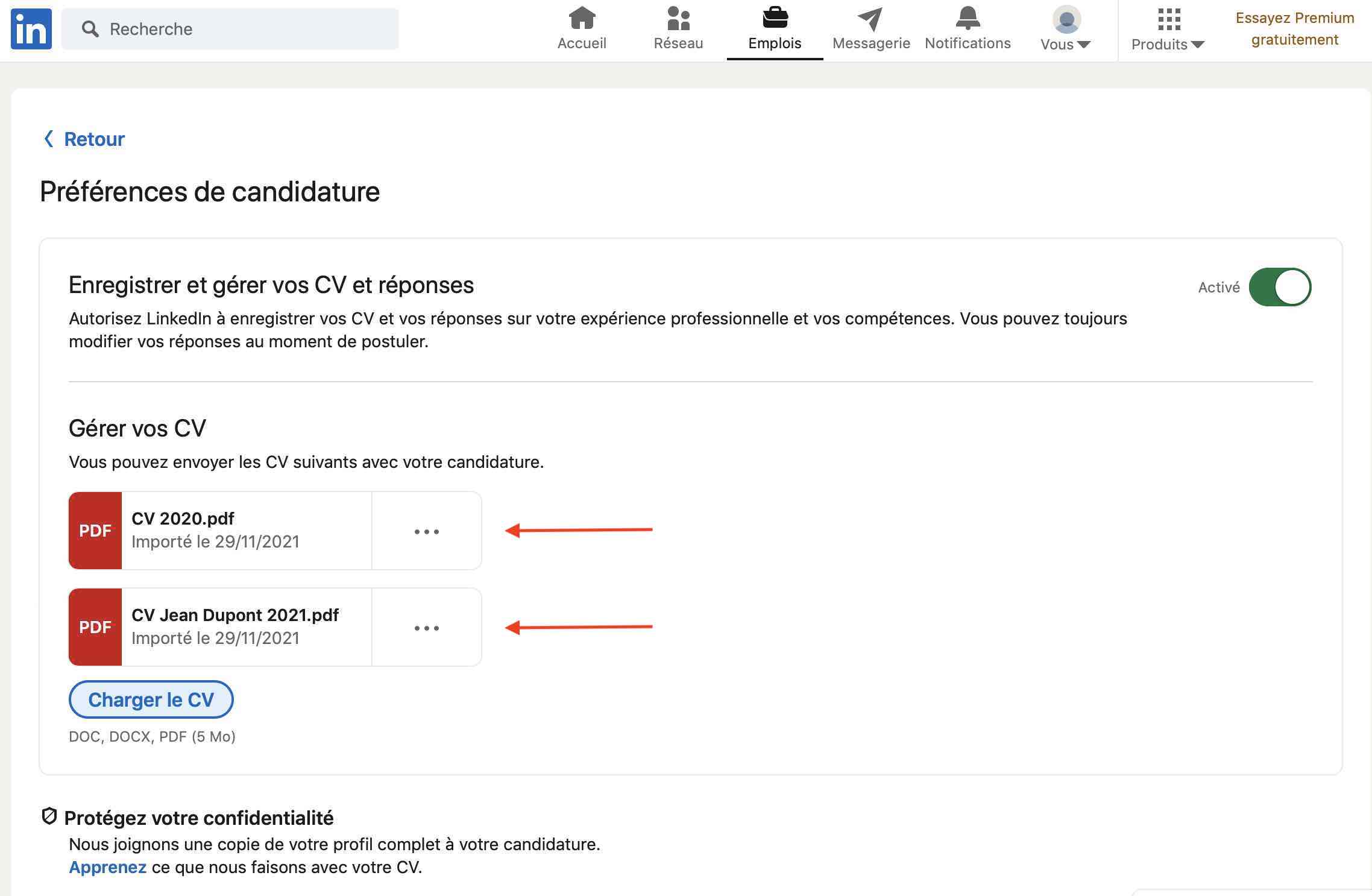 plusieurs CV chargé