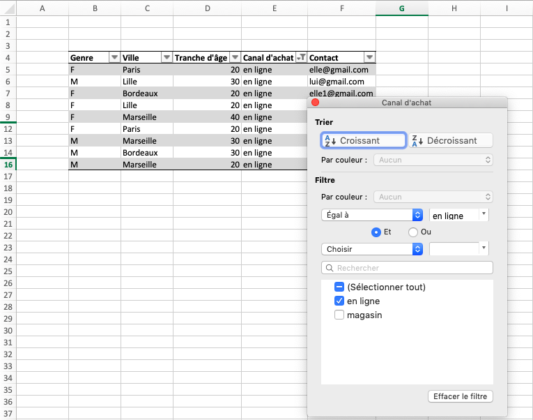 critère de filtre Excel automatique