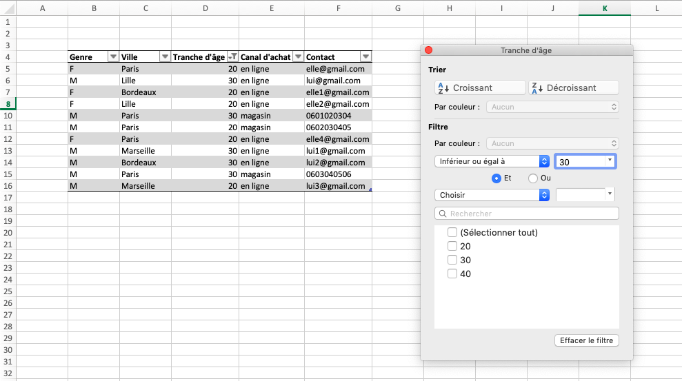 filtrer des données numériques sur Excel