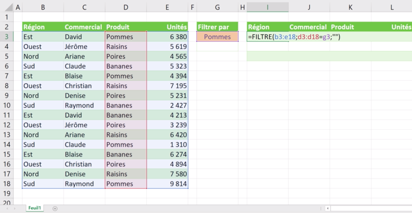 syntaxe de la formule FILTRE sur Excel