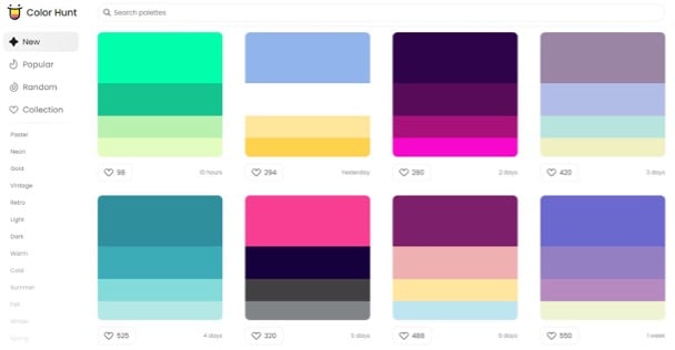 Colorhunt pour créer une palette de couleurs