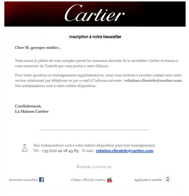 Exemple d'email de bienvenue Maison Cartier