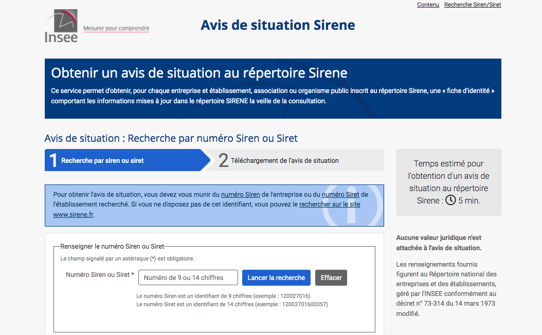 Capture d'écran du site Sirene pour rechercher un avis de situation