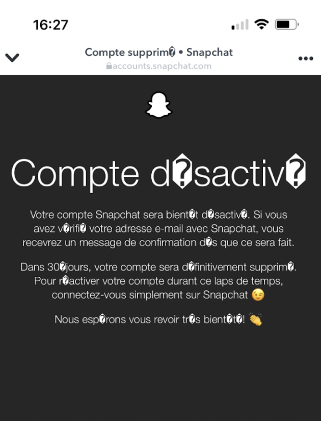 Capture d'écran de l'application Snapchat après suppression d'un compte