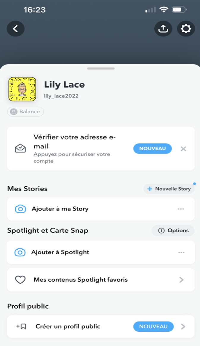 Écran d'accueil d'un compte snapchat sur l'application pour supprimer Snapchat