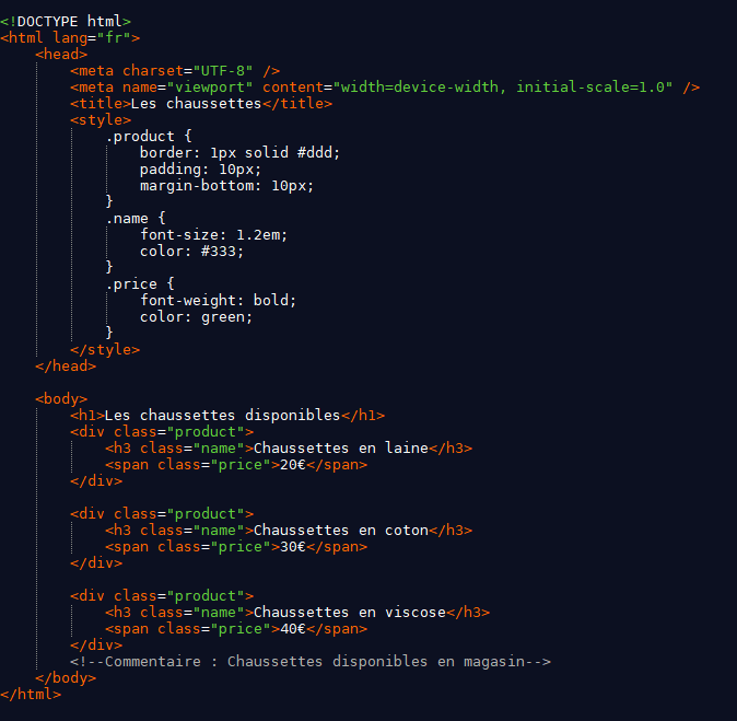 Un exemple de document HTML pour le web scraping avec XPath.