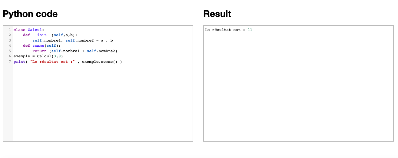 exemple d'exécution de classe Python pour une addition