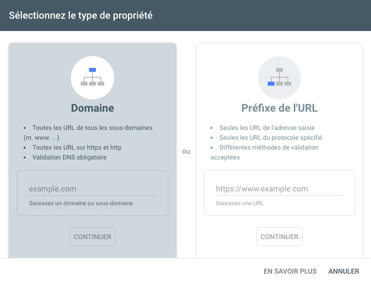 sélectionner un type de propriété google search console