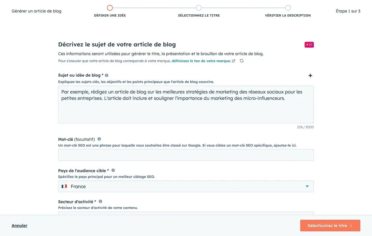 ia générative de hubspot pour blog