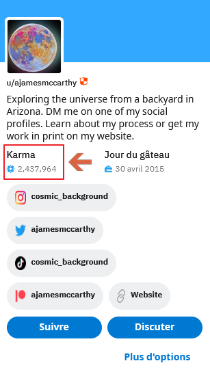 Un profil d'utilisateur Reddit affichant les points de karma.