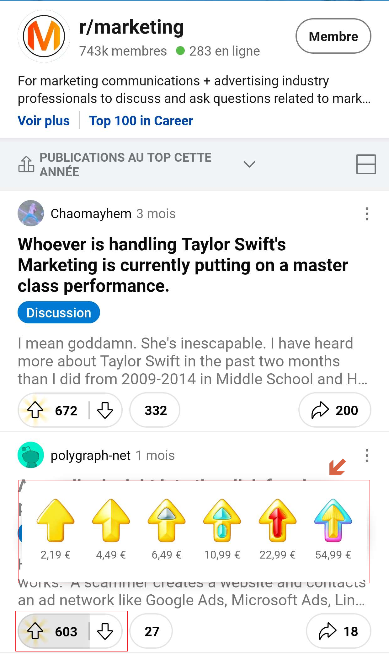 Le système d'attribution d'or sur l'application mobile de Reddit.