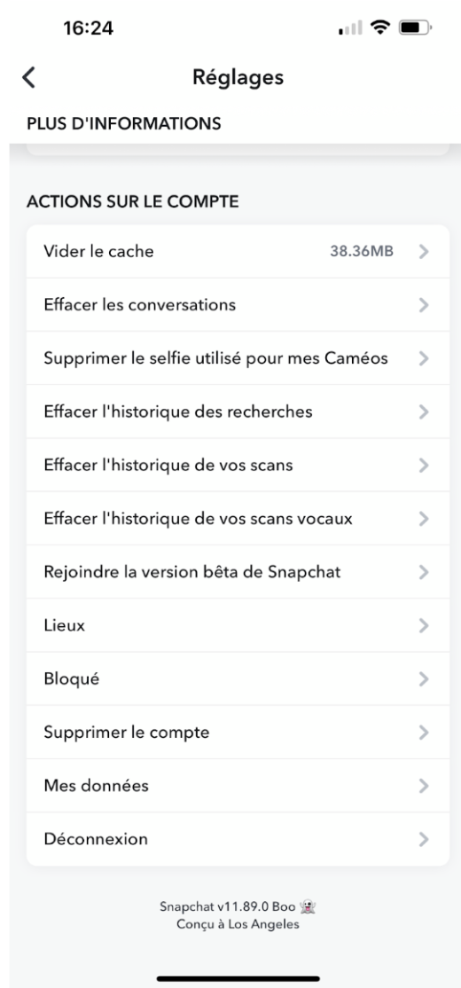 Onglet réglages d'un compte snapchat pour supprimer Snapchat