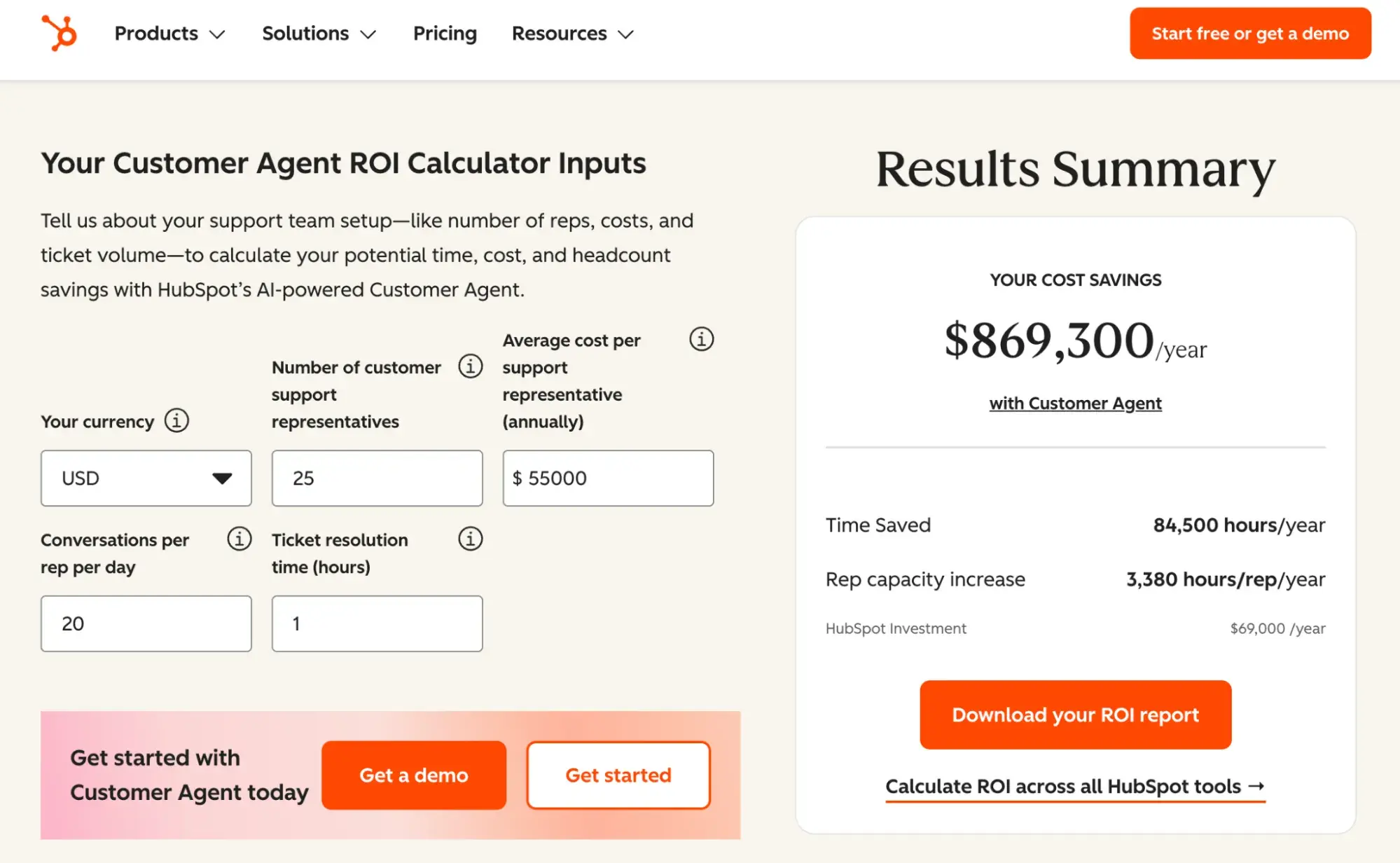 Calculateur de ROI de l'agent d'assistance client HubSpot avec des paramètres modifiables pour le nombre de chargés, le salaire et le temps de résolution des tickets, projetant 869 300 $ d'économies annuelles https://www.hubspot.com/breeze-roi-calculator/customer-agent