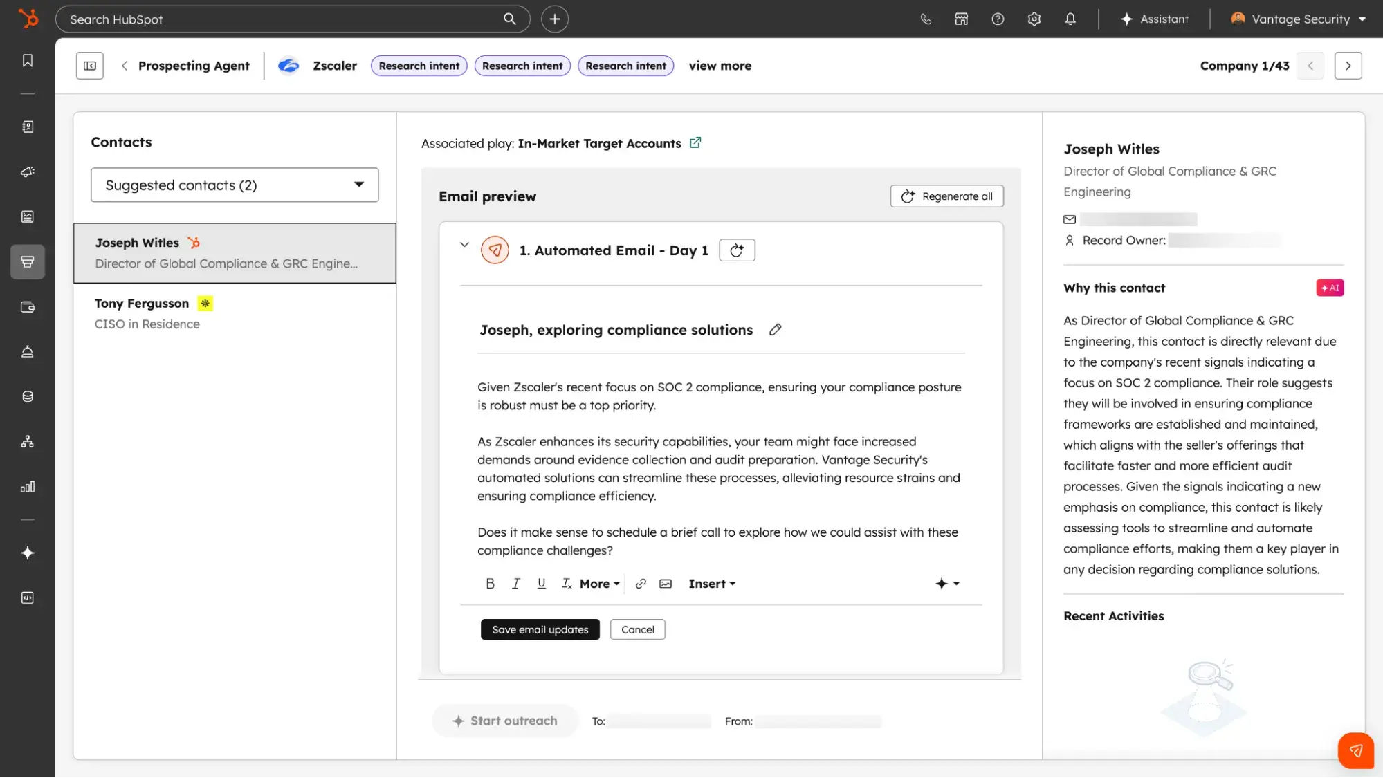 Interface de l'agent de prospection de HubSpot affichant un aperçu d'e-mail personnalisé généré par l'IA pour un contact, avec signaux d'achat et contexte de conformité https://www.hubspot.fr/products/sales/ai-prospecting-agent