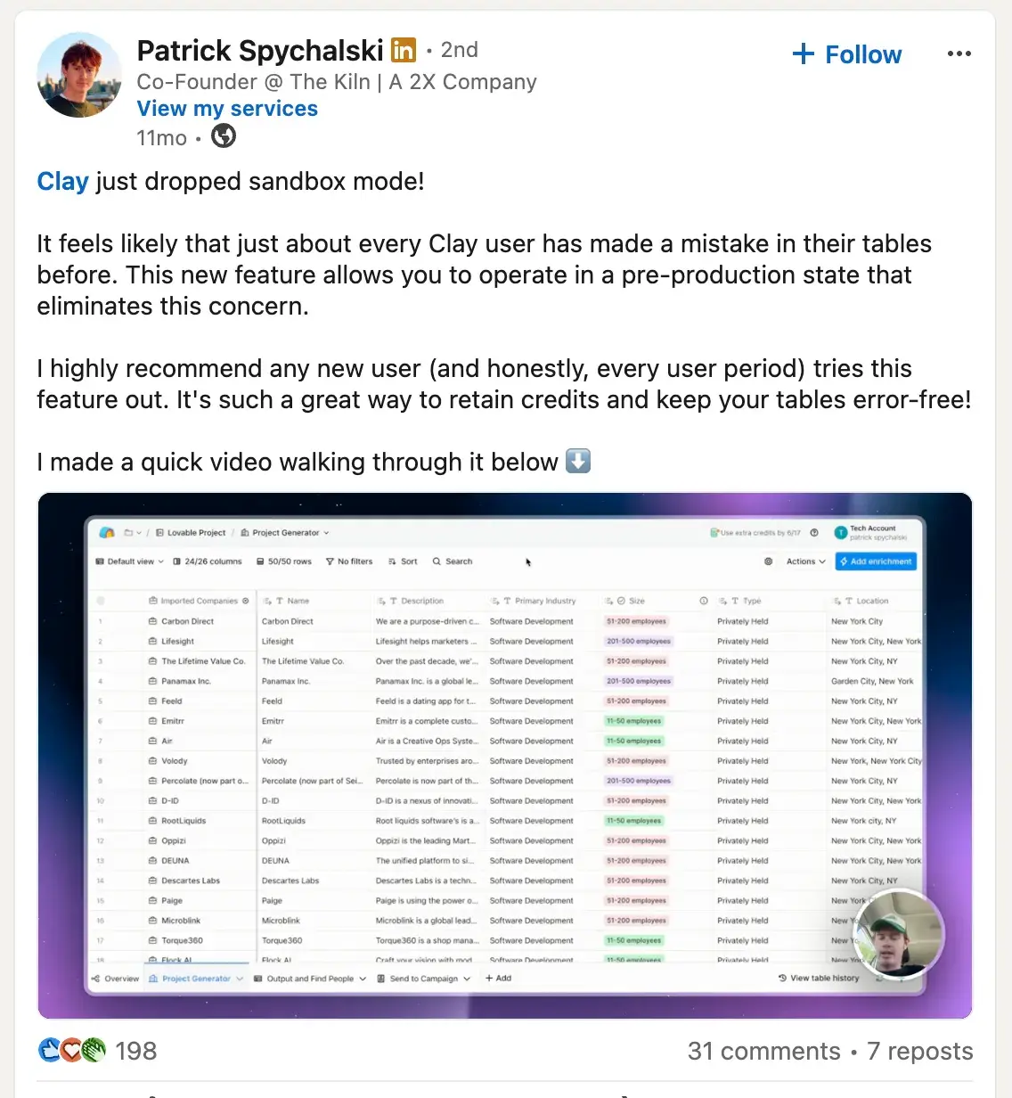 Publication LinkedIn de Patrick Spychalski sur la nouvelle fonctionnalité Sandbox de Clay, permettant de tester des actions IA en toute sécurité sans consommer de crédits