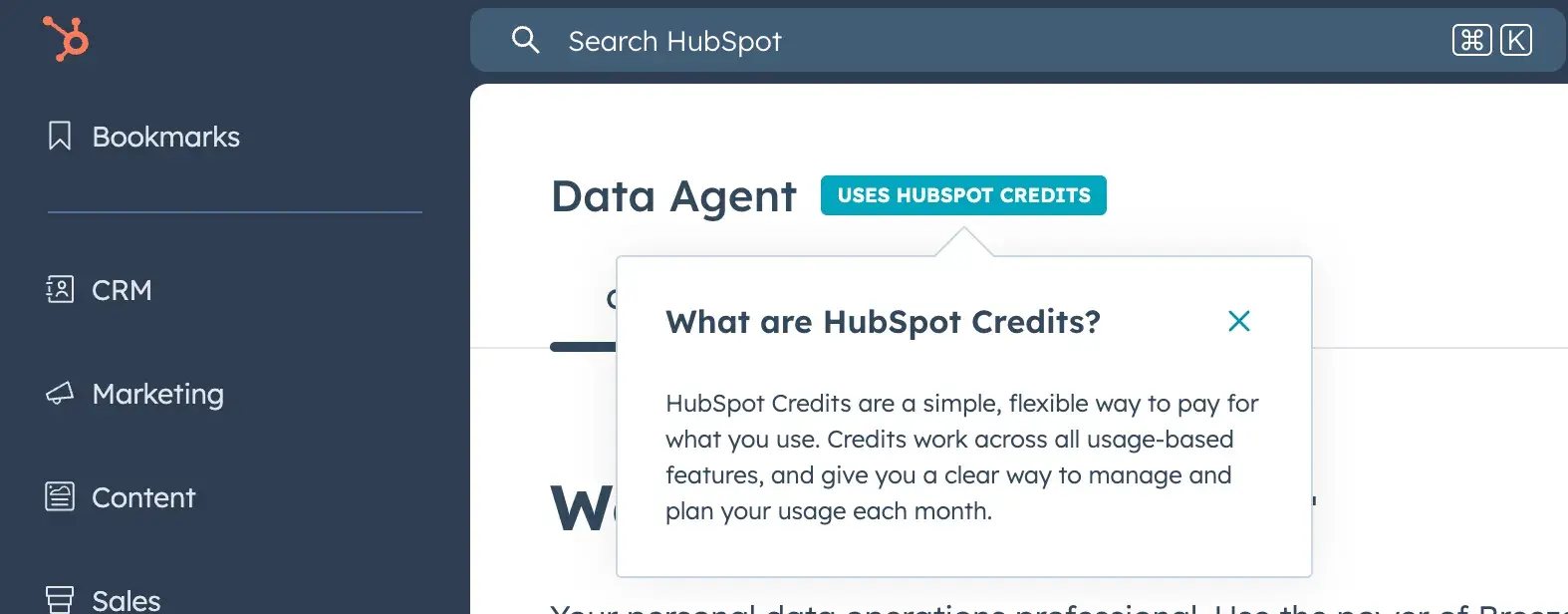 plateforme HubSpot montrant l'agent pour les données avec un libellé de tarification par crédits et une infobulle expliquant le fonctionnement des crédits