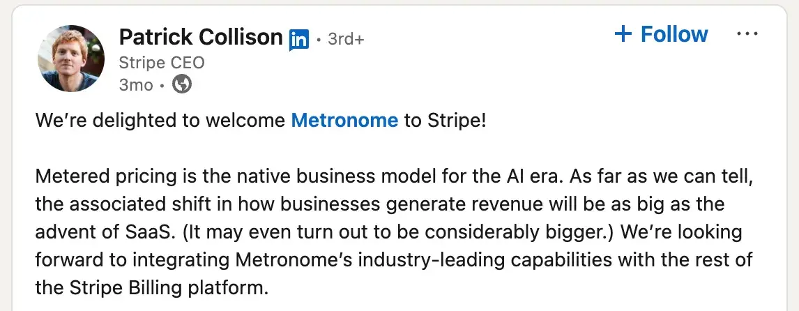 post LinkedIn du PDG de Stripe, Patrick Collison, qualifiant la tarification à l'usage de «&nbsp;modèle économique natif de l'ère de l'IA&nbsp;»